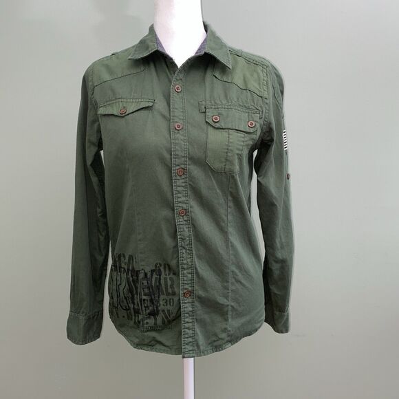 Rocawear Green Button Up Shirt Roll Tab Sleeve Military Y2K Womens Medium - Picture 1 of 10